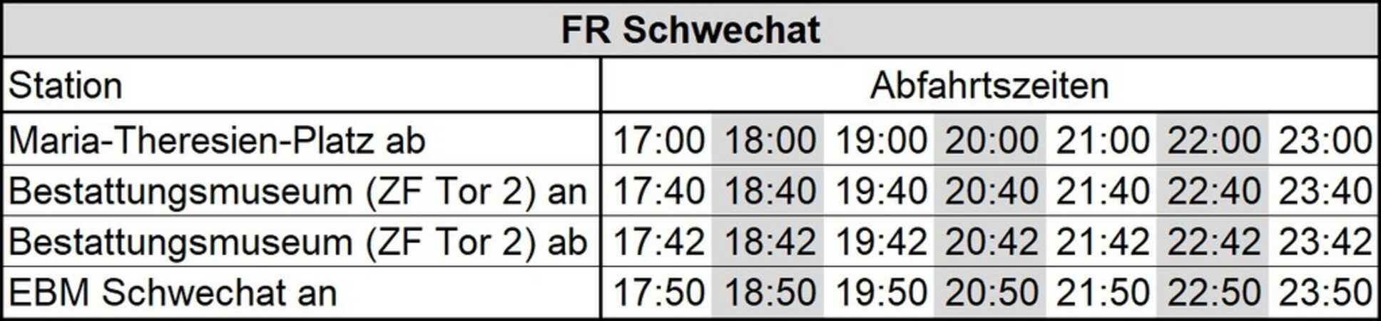 Fahrplan Oldtimerbus-Shuttle Wien–Schwechat, Änderungen vorbehalten!