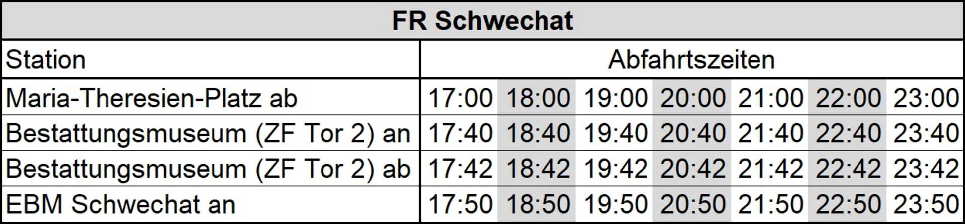 Fahrplan Oldtimerbus-Shuttle Wien–Schwechat, Änderungen vorbehalten!
