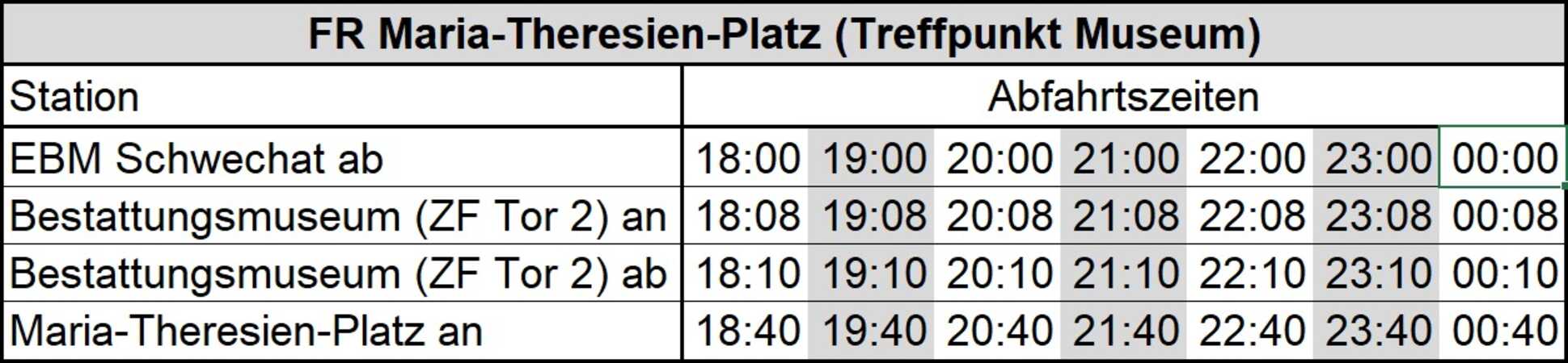 Fahrplan Oldtimerbus-Shuttle Schwechat–Wien, Änderungen vorbehalten!